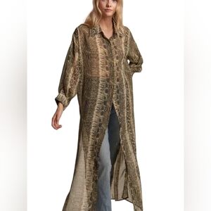 Snake Print Sheer Tunic Collared Midi/ Maxi Shirt Dress Top